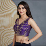 Purple silk blend embroidered V-neck blouse, sleeveless with back hook closure (alterable up to size 42)