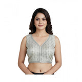 Women's Silk Blend Embroidered V-Neck Non Padded Blouse (White 38 Ready (Alterable up to 42)