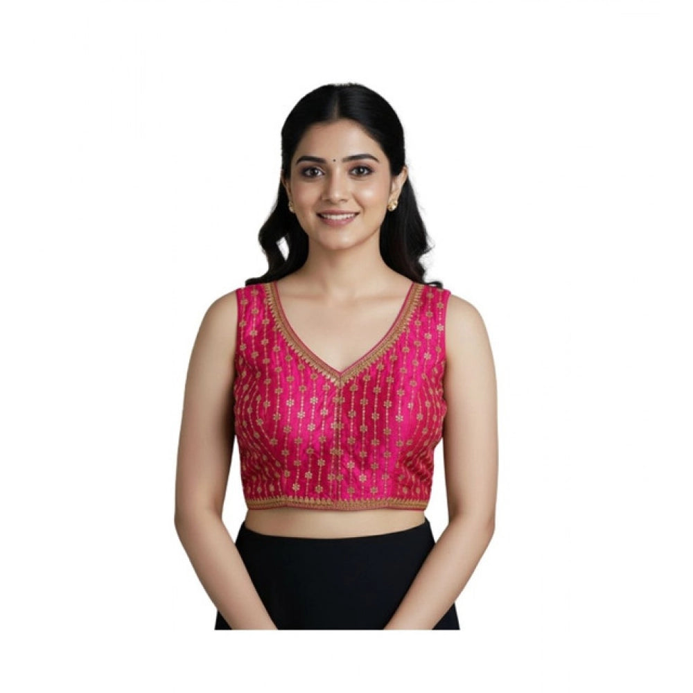 Pink silk blend embroidered V-neck blouse (38 ready, alterable up to 42) on clothing hanger