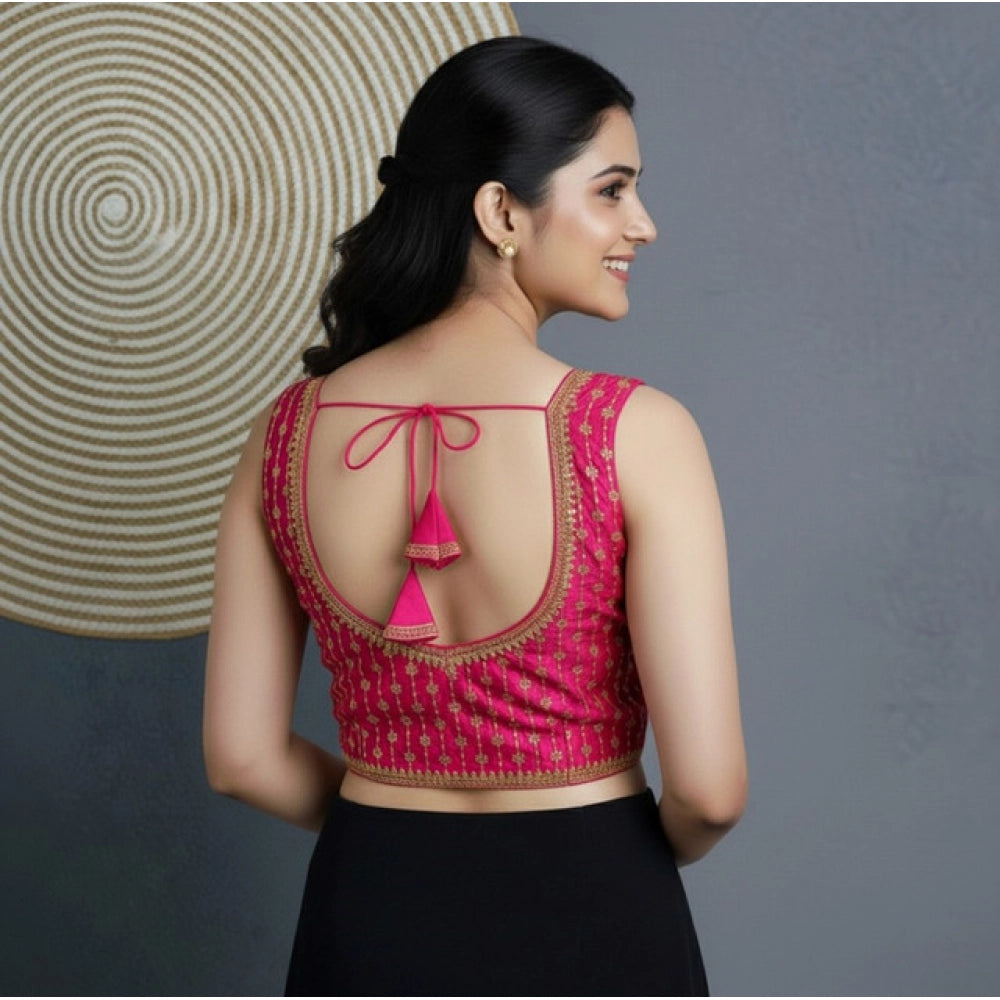 Pink silk blend embroidered V-neck blouse (alterable up to size 42) on hanger