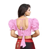 Light Pink cotton embroidered v-neck blouse with puff sleeves, alterable up to size 42