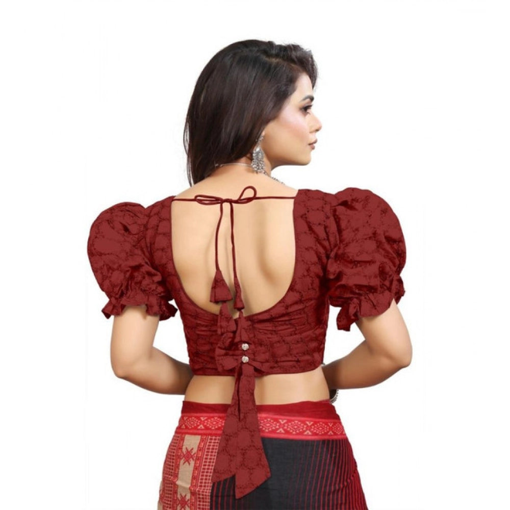 Maroon cotton embroidered V-neck blouse with puff sleeves, alterable up to size 42
