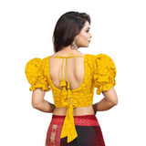 Mustard cotton embroidered V-neck blouse with puff sleeves, alterable up to size 42