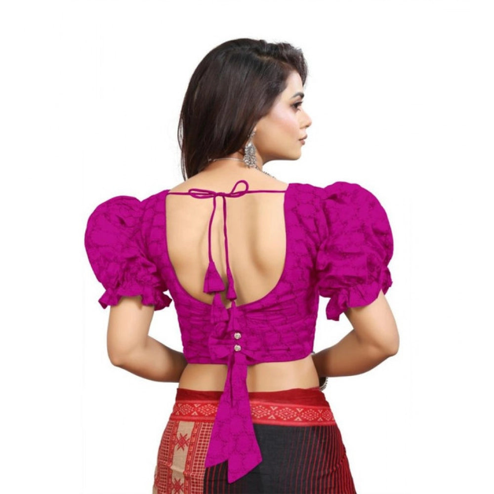 Pink cotton embroidered V-neck blouse with puff sleeves, alterable up to size 42 on display