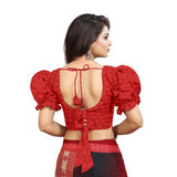 Red cotton embroidered v-neck blouse with puff sleeves, alterable up to size 42