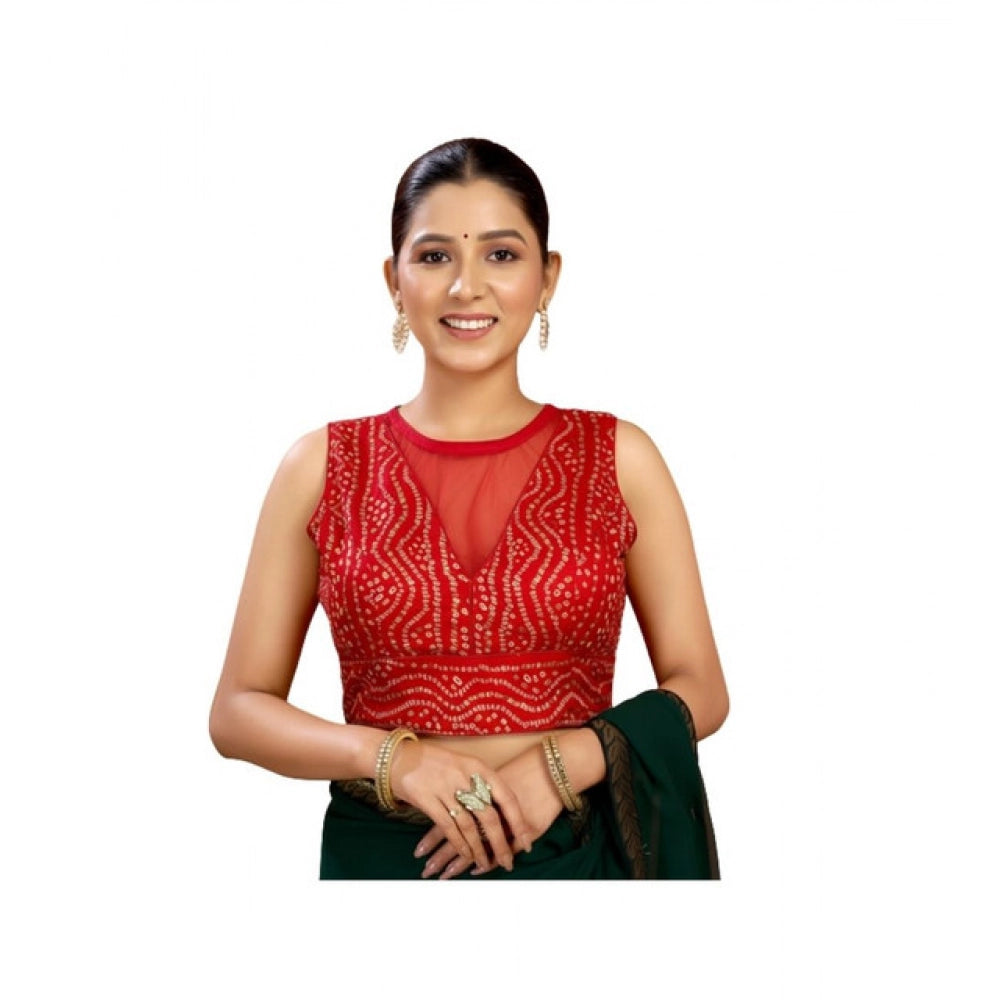 Red rayon cotton bandhani printed halter neck blouse for women, sleeveless and non-padded