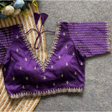 Purple Banarasi silk sequence V-neck blouse with short sleeves, non-padded, alterable up to size 42