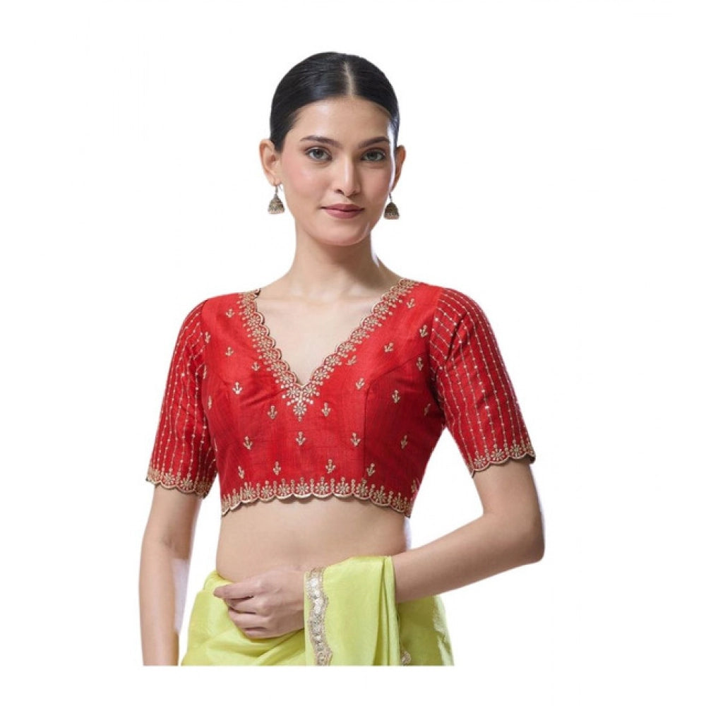 Red Banarasi Silk Sequence V-Neck blouse, short sleeves, alterable up to size 42