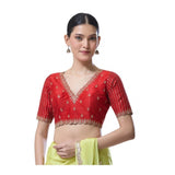 Red Banarasi Silk Sequence V-Neck blouse, short sleeves, alterable up to size 42