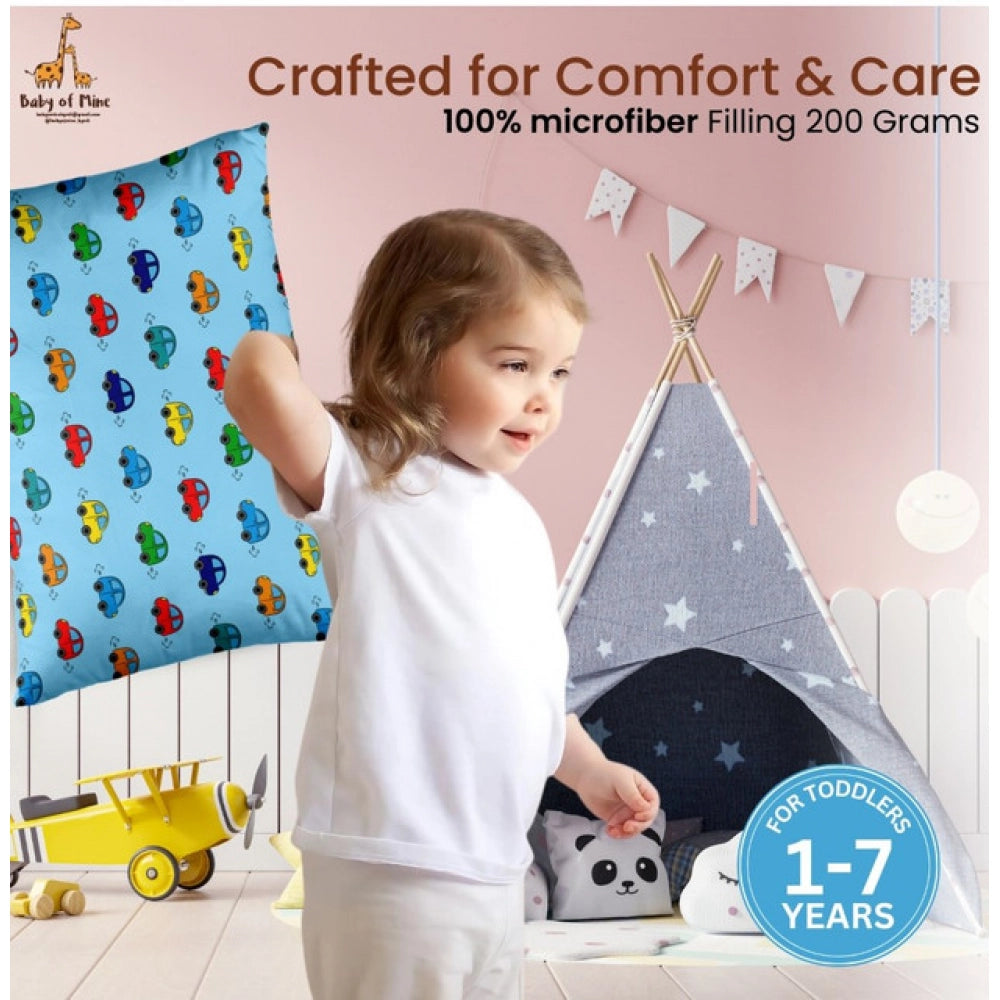 Sky blue soft plush printed baby pillow for ages 1-5 years, rectangular bed pillow design