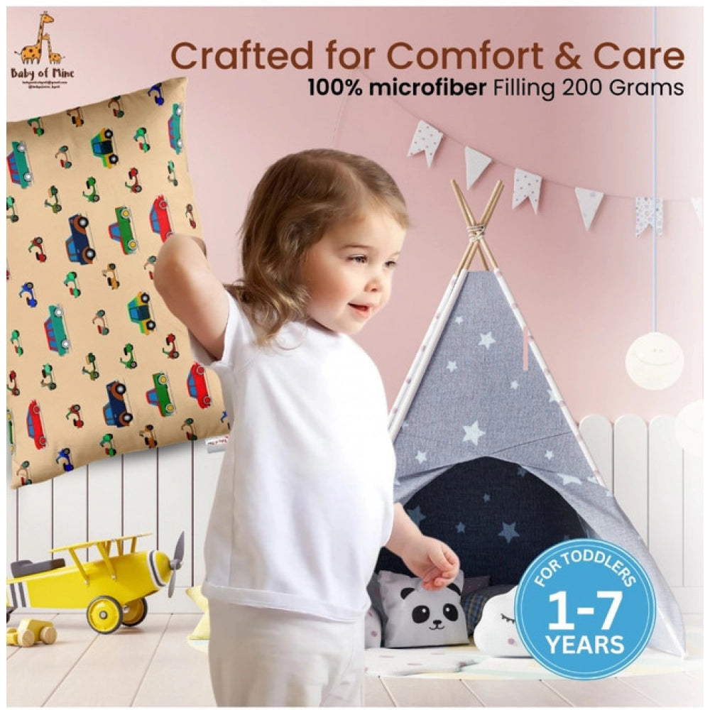 Soft beige plush printed baby pillow for kids aged 1-5 years, ideal for a cozy sleep environment