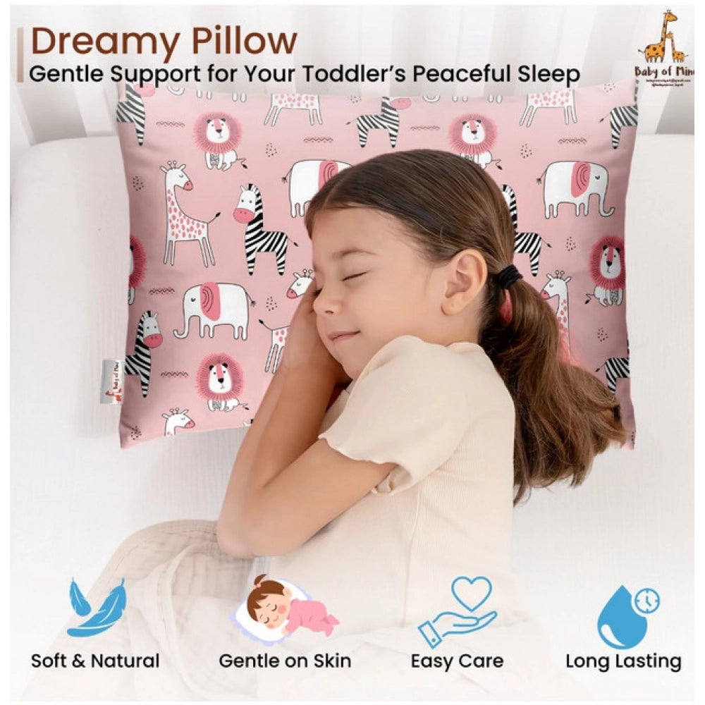 Soft plush pink printed baby pillow for kids age 1-5 years, rectangular bed pillow for comfort and style