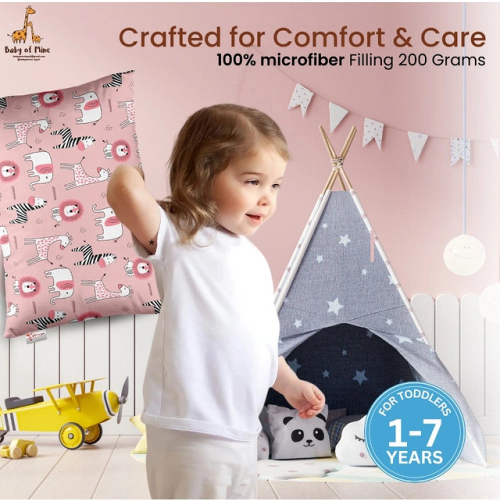 Soft pink plush printed baby pillow for kids age 1-5 years, ideal for bedtime comfort
