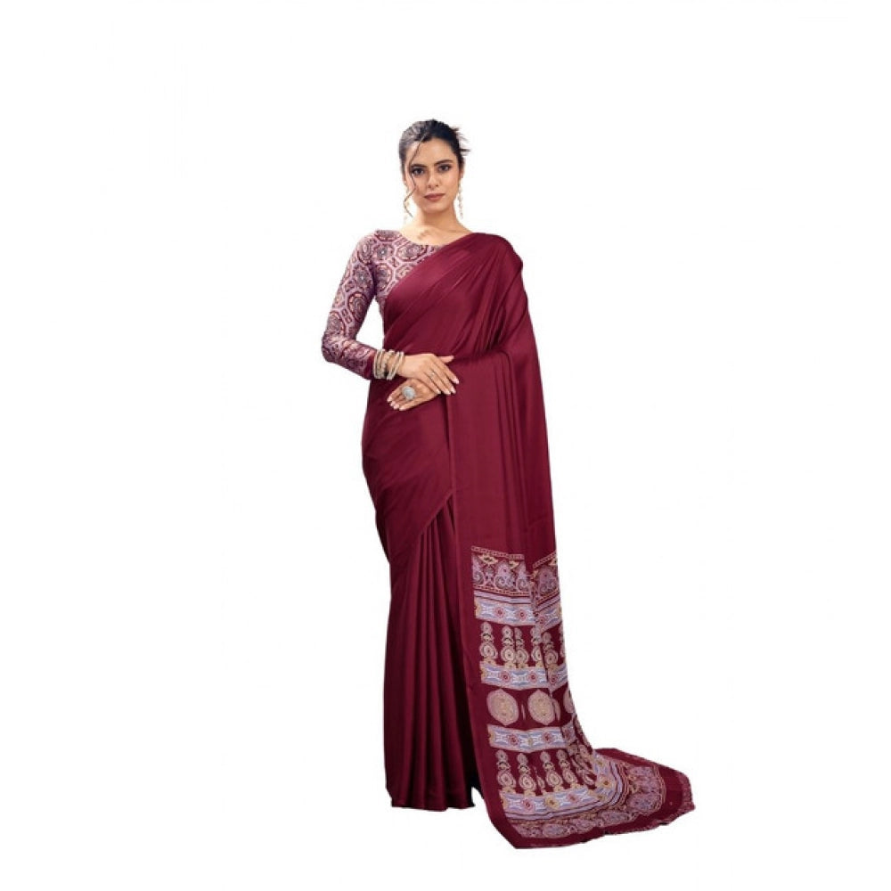 Women's Satin Crepe Printed Saree With Unstitched Blouse 5.5Mtr (Maroon)