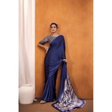 Women's Satin Crepe Printed Saree With Unstitched Blouse 5.5Mtr (Navy Blue)