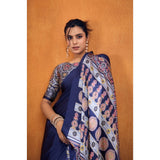 Women's Satin Crepe Printed Saree With Unstitched Blouse 5.5Mtr (Navy Blue)