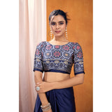 Women's Satin Crepe Printed Saree With Unstitched Blouse 5.5Mtr (Navy Blue)