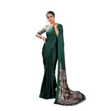 Women's Satin Crepe Printed Saree With Unstitched Blouse 5.5Mtr (Bottle Green)