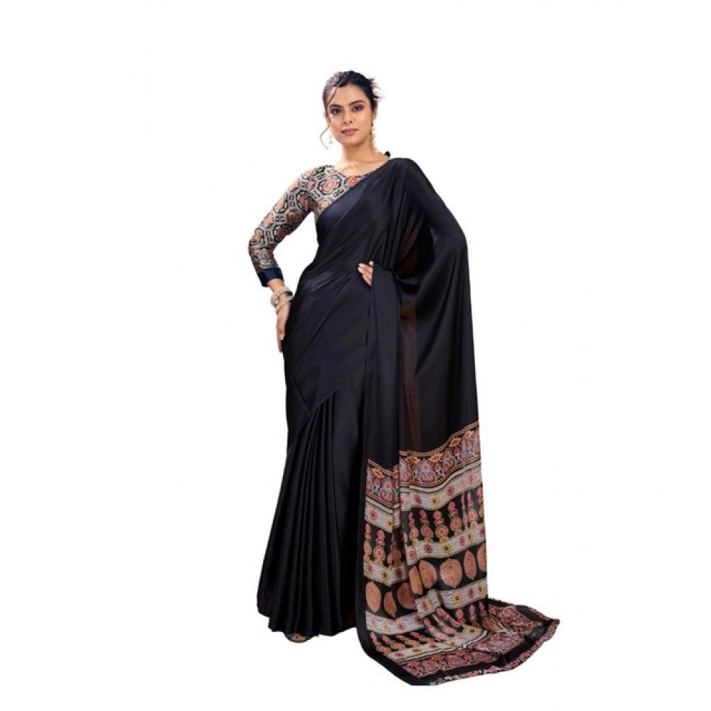 Women's Satin Crepe Printed Saree With Unstitched Blouse 5.5Mtr (Black)