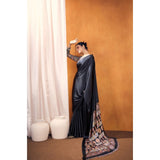 Women's Satin Crepe Printed Saree With Unstitched Blouse 5.5Mtr (Black)