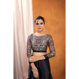 Women's Satin Crepe Printed Saree With Unstitched Blouse 5.5Mtr (Black)