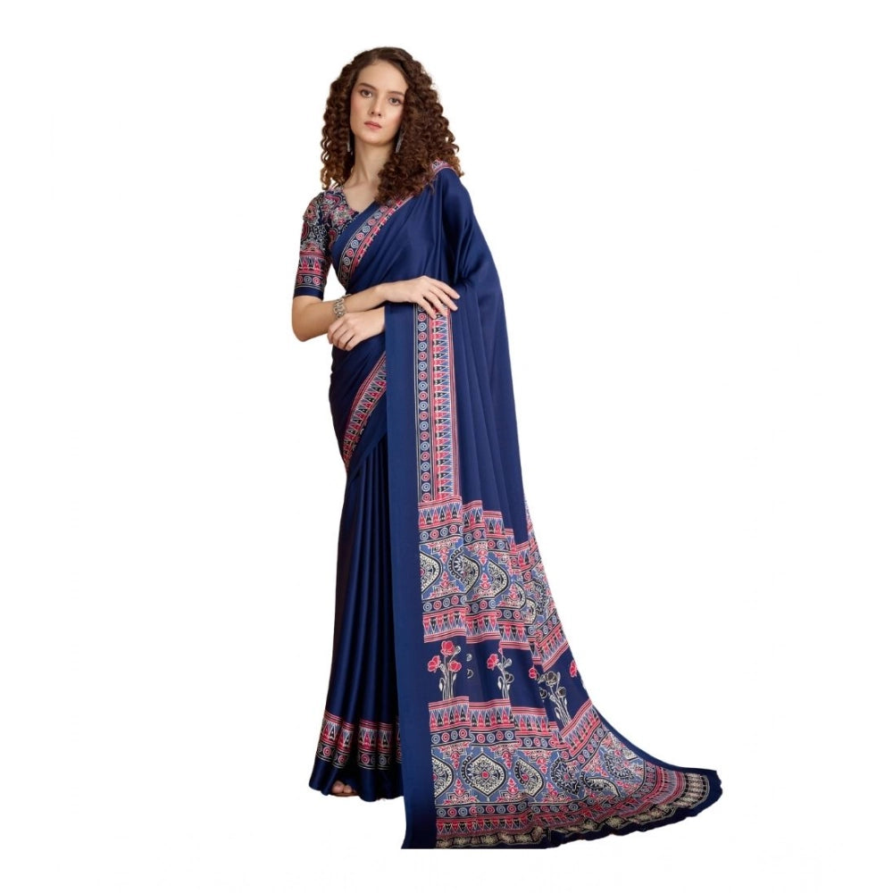 Women's Satin Crepe Printed Saree With Unstitched Blouse 5.5Mtr (Navy Blue)