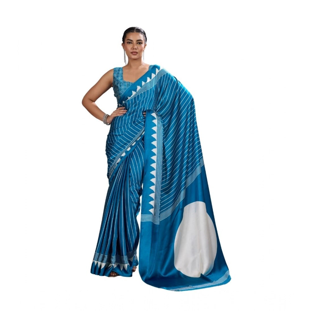 Women's Satin Crepe Printed Saree With Unstitched Blouse 5.5Mtr (Rama Blue)