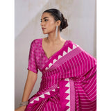 Women's Satin Crepe Printed Saree With Unstitched Blouse 5.5Mtr (Pink)