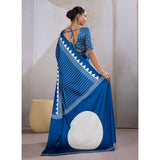Women's Satin Crepe Printed Saree With Unstitched Blouse 5.5Mtr (Blue)