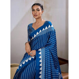 Women's Satin Crepe Printed Saree With Unstitched Blouse 5.5Mtr (Blue)