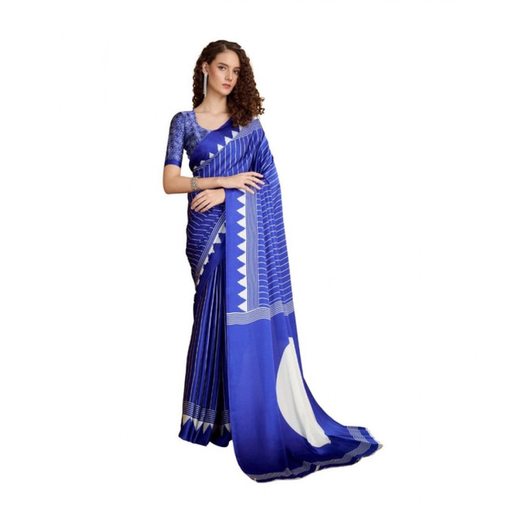 Women's Satin Crepe Printed Saree With Unstitched Blouse 5.5Mtr (Navy Blue)