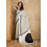 Women's Satin Crepe Printed Saree With Unstitched Blouse 5.5Mtr (White)