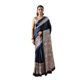 Women's Satin Crepe Printed Saree With Unstitched Blouse 5.5Mtr (Navy Blue)