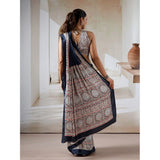 Women's Satin Crepe Printed Saree With Unstitched Blouse 5.5Mtr (Navy Blue)