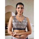 Women's Satin Crepe Printed Saree With Unstitched Blouse 5.5Mtr (Navy Blue)