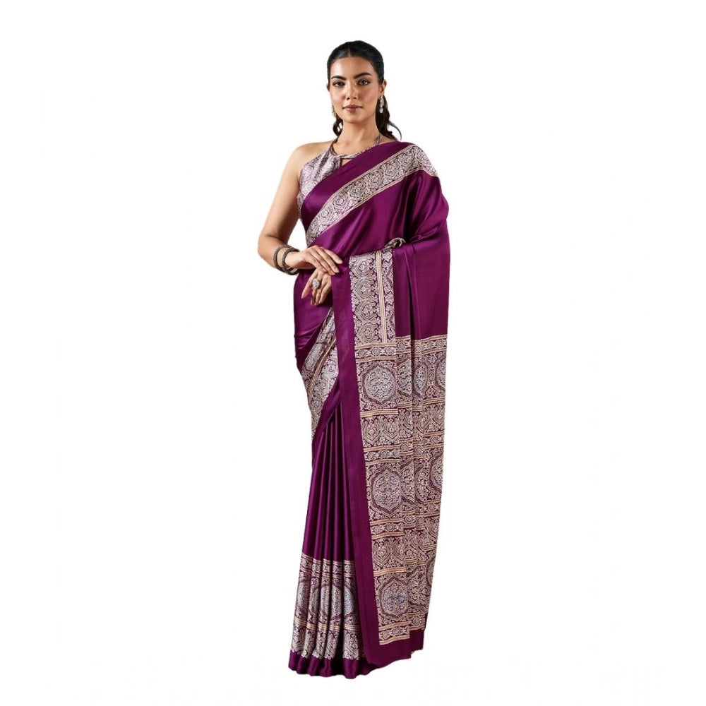 Women's Satin Crepe Printed Saree With Unstitched Blouse 5.5Mtr (Purple)
