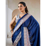 Women's Satin Crepe Printed Saree With Unstitched Blouse 5.5Mtr (Blue)