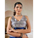 Women's Satin Crepe Printed Saree With Unstitched Blouse 5.5Mtr (Blue)