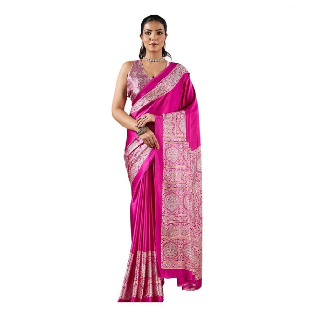 Women's Satin Crepe Printed Saree With Unstitched Blouse 5.5Mtr (Pink)