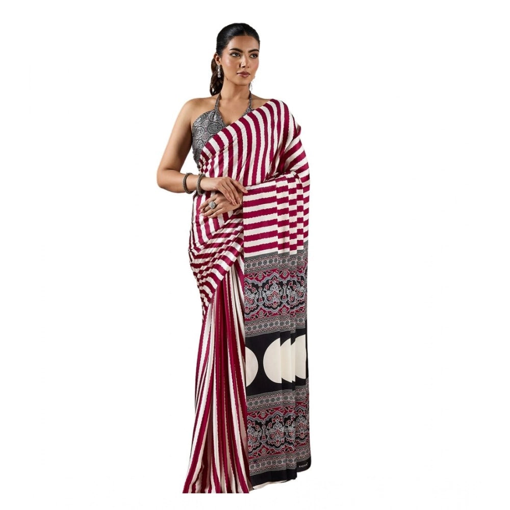 Women's Satin Crepe Printed Saree With Unstitched Blouse 5.5Mtr (Maroon)