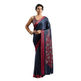 Women's Satin Crepe Printed Saree With Unstitched Blouse 5.5Mtr (Navy Blue)