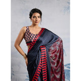Women's Satin Crepe Printed Saree With Unstitched Blouse 5.5Mtr (Navy Blue)