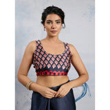 Women's Satin Crepe Printed Saree With Unstitched Blouse 5.5Mtr (Navy Blue)