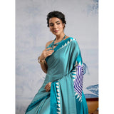 Women's Satin Crepe Printed Saree With Unstitched Blouse 5.5Mtr (Rama Blue)