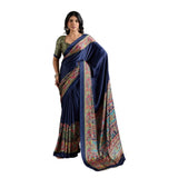 Women's Satin Crepe Printed Saree With Unstitched Blouse 5.5Mtr (Navy Blue)