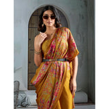 Women's Satin Crepe Printed Saree With Unstitched Blouse 5.5Mtr (Mustard)
