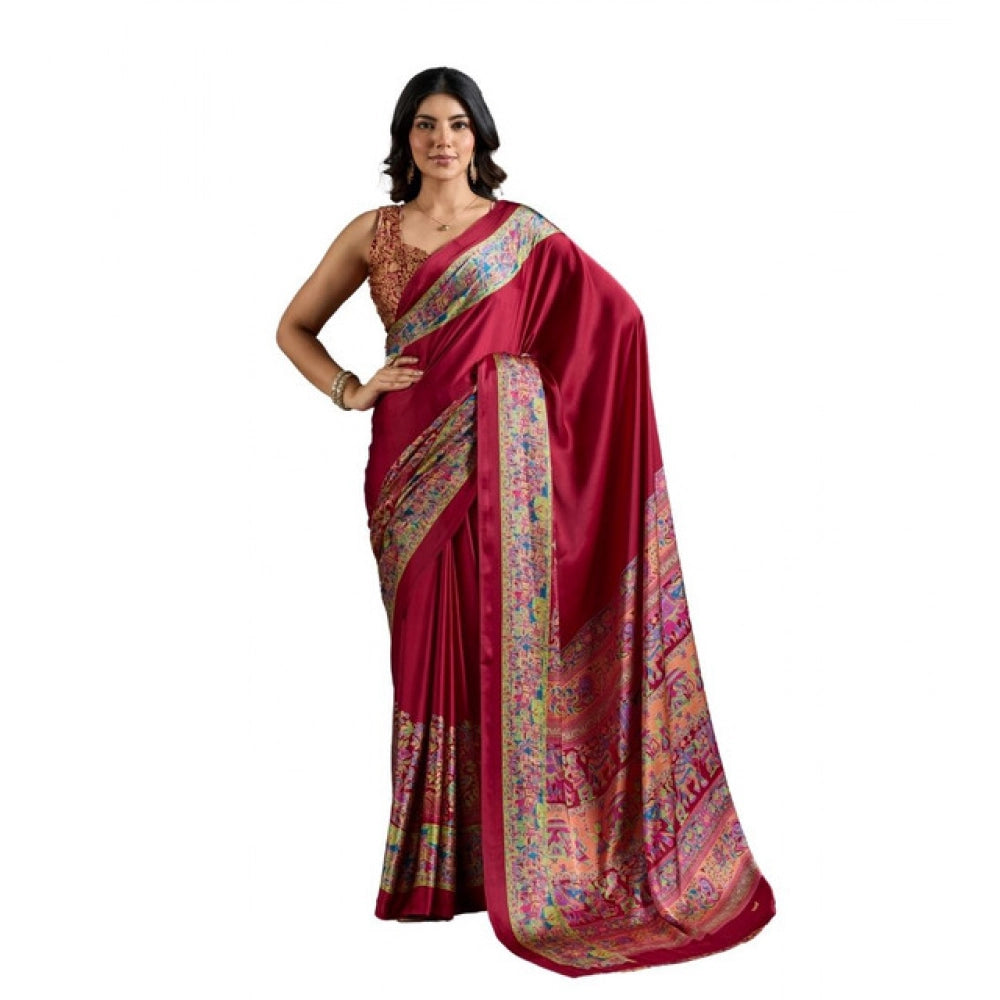 Women's Satin Crepe Printed Saree With Unstitched Blouse 5.5Mtr (Maroon)