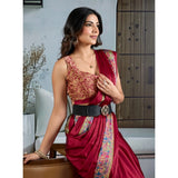 Women's Satin Crepe Printed Saree With Unstitched Blouse 5.5Mtr (Maroon)