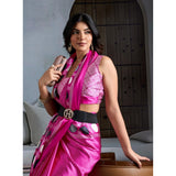 Women's Satin Crepe Printed Saree With Unstitched Blouse 5.5Mtr (Pink)