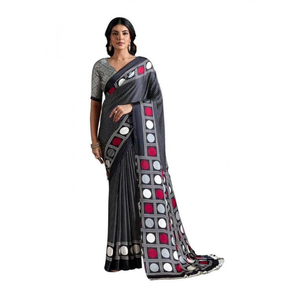Women's Satin Crepe Printed Saree With Unstitched Blouse 5.5Mtr (Black)